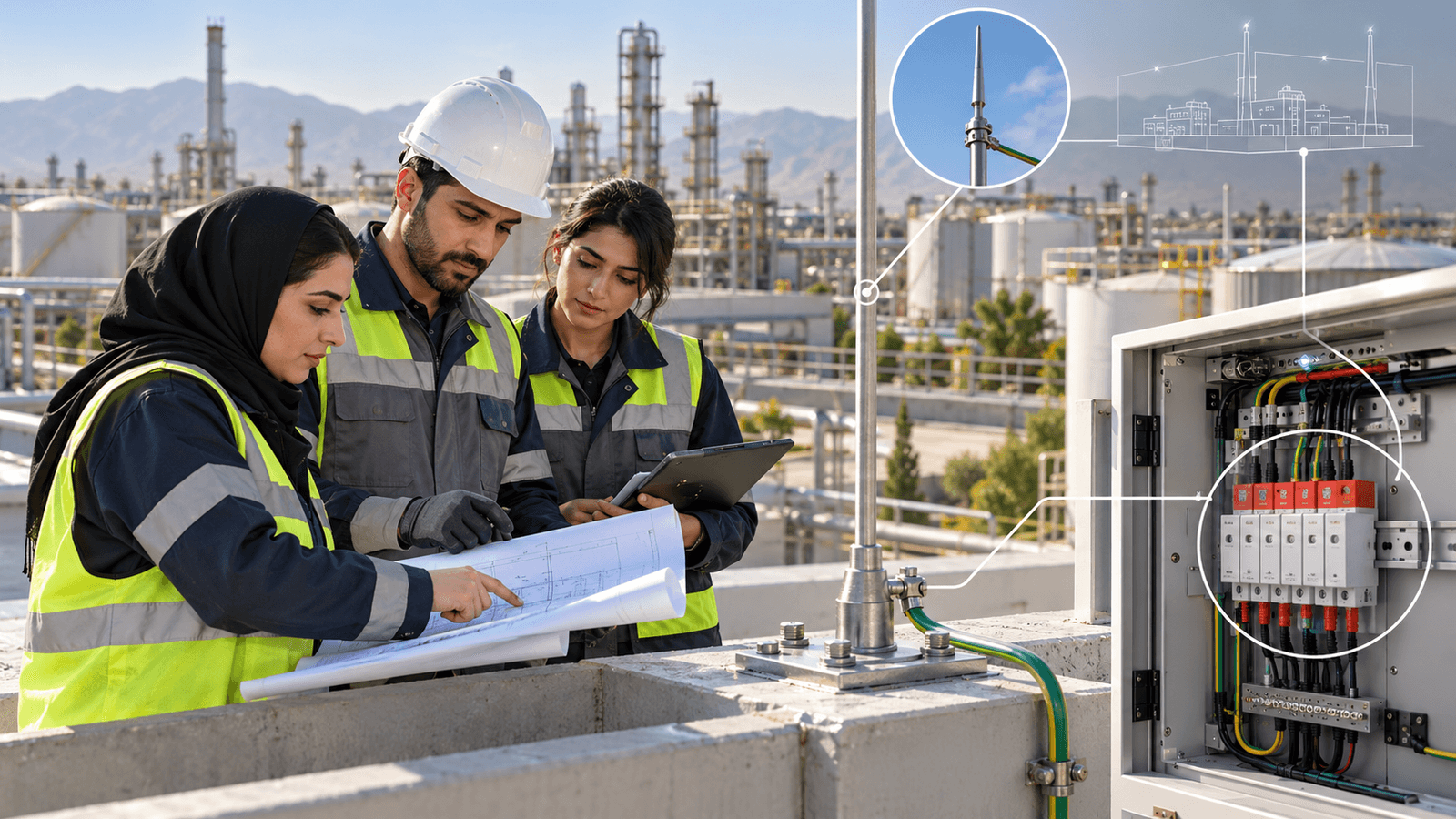 مهندسان ایرانی در حال بازرسی دوره‌ای تجهیزات حفاظت صاعقه و سیستم ارت