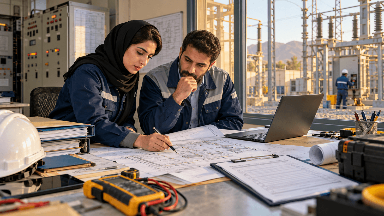 مهندسان ایرانی در حال بررسی نقشه‌ها و نتایج اندازه‌گیری برای گواهی تأییدیه ایمنی برق