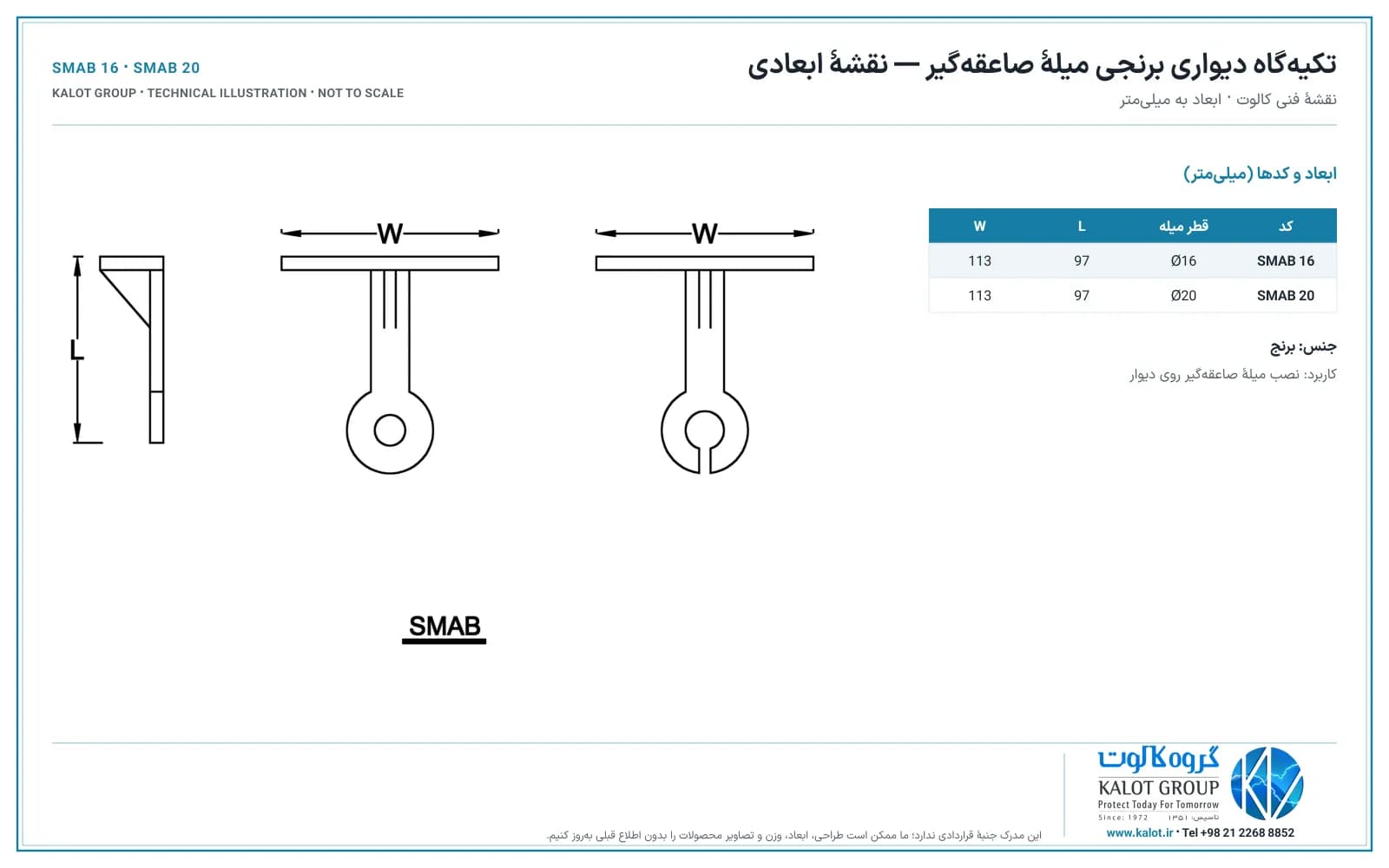 نمای جانبی و دو نمای روبه‌روی تکیه‌گاه دیواری با چشمی بسته و چشمی باز و ابعاد L و W، همراه با جدول کدهای SMAB 16 و SMAB 20