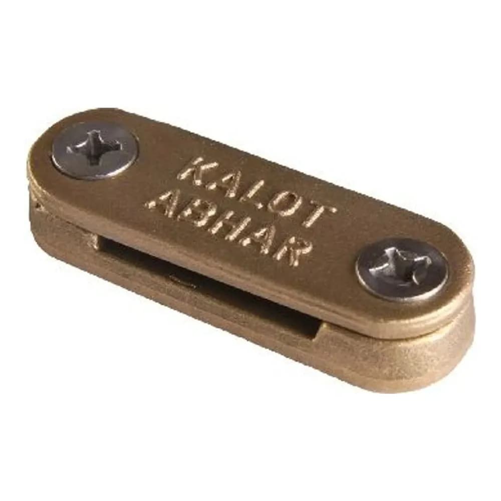 بست برنجی دو پارچه کالوت (Tape DC Clip) با دو پیچ چهارسو استنلس استیل و نوشتهٔ KALOT ABHAR روی قطعهٔ رویی