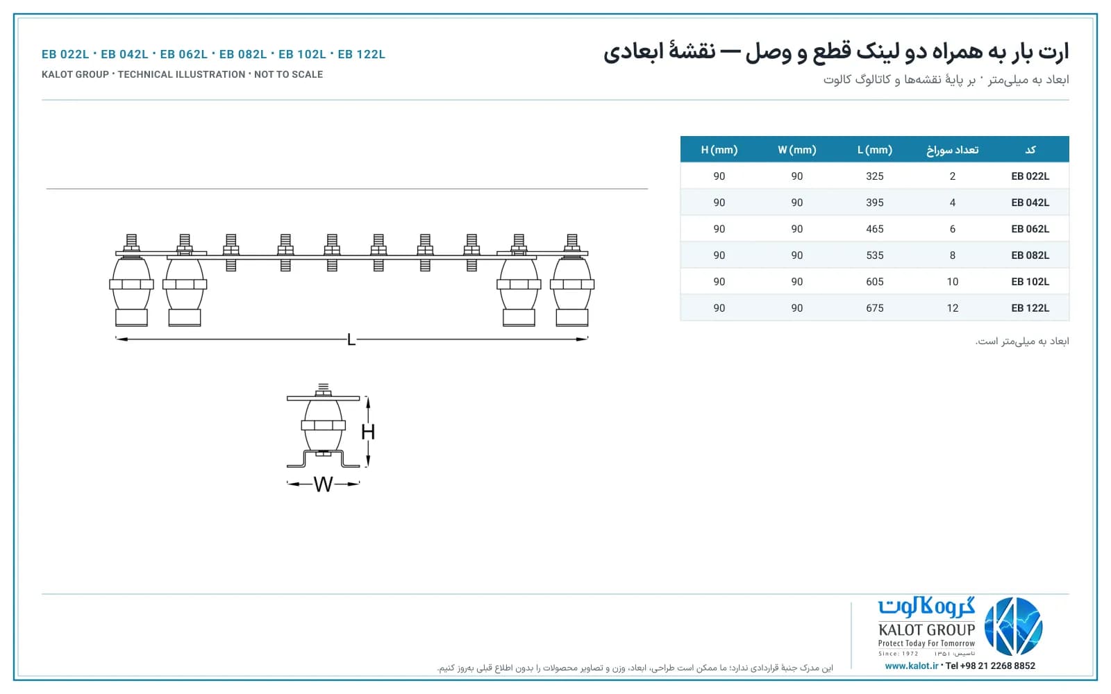 نقشهٔ ابعادی ارت بار به همراه دو لینک قطع و وصل کالوت با جدول کدها و ابعاد EB 022L، EB 042L، EB 062L، EB 082L، EB 102L، EB 122L