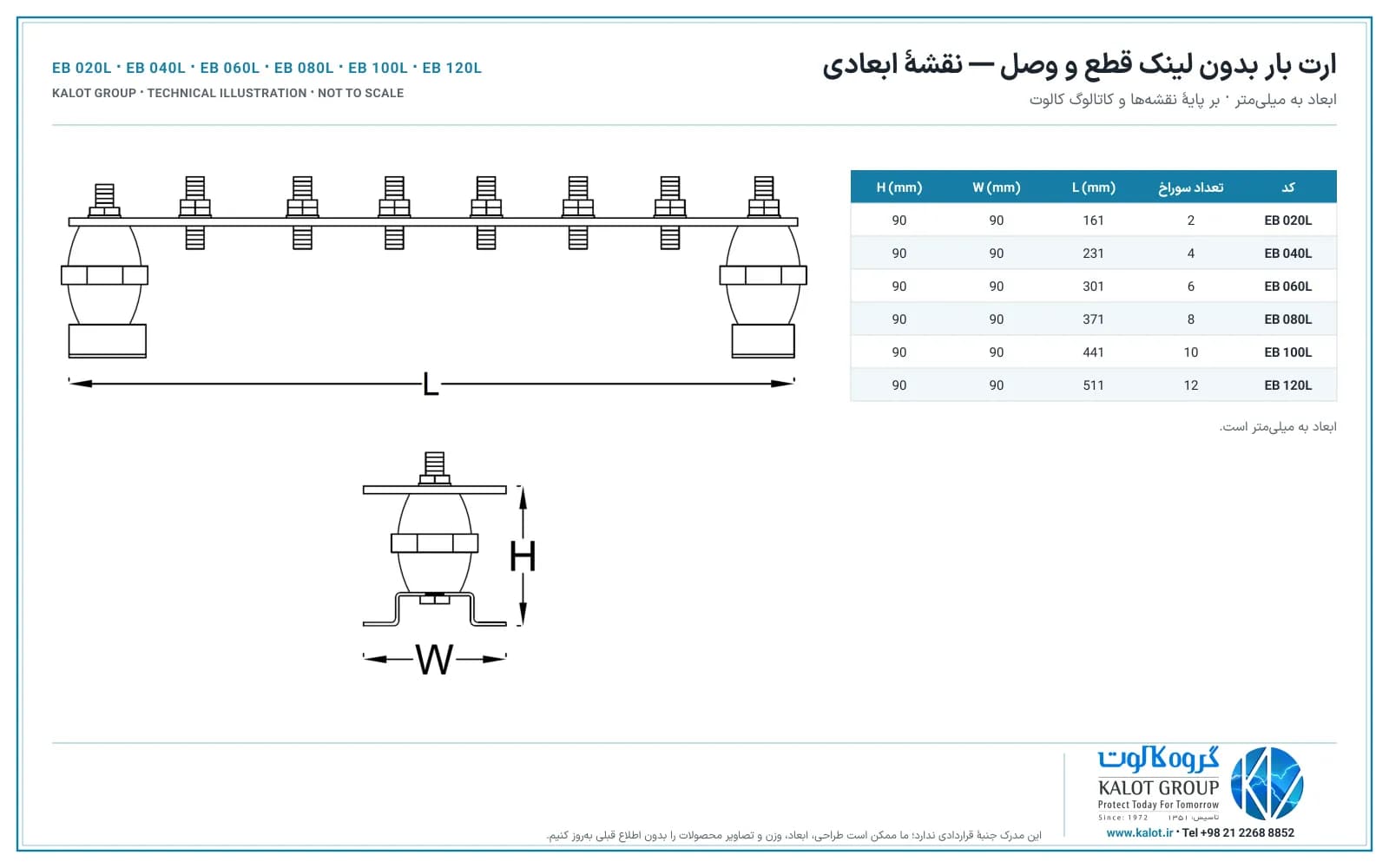 نقشهٔ ابعادی ارت بار بدون لینک قطع و وصل کالوت با جدول کدها و ابعاد EB 020L، EB 040L، EB 060L، EB 080L، EB 100L، EB 120L