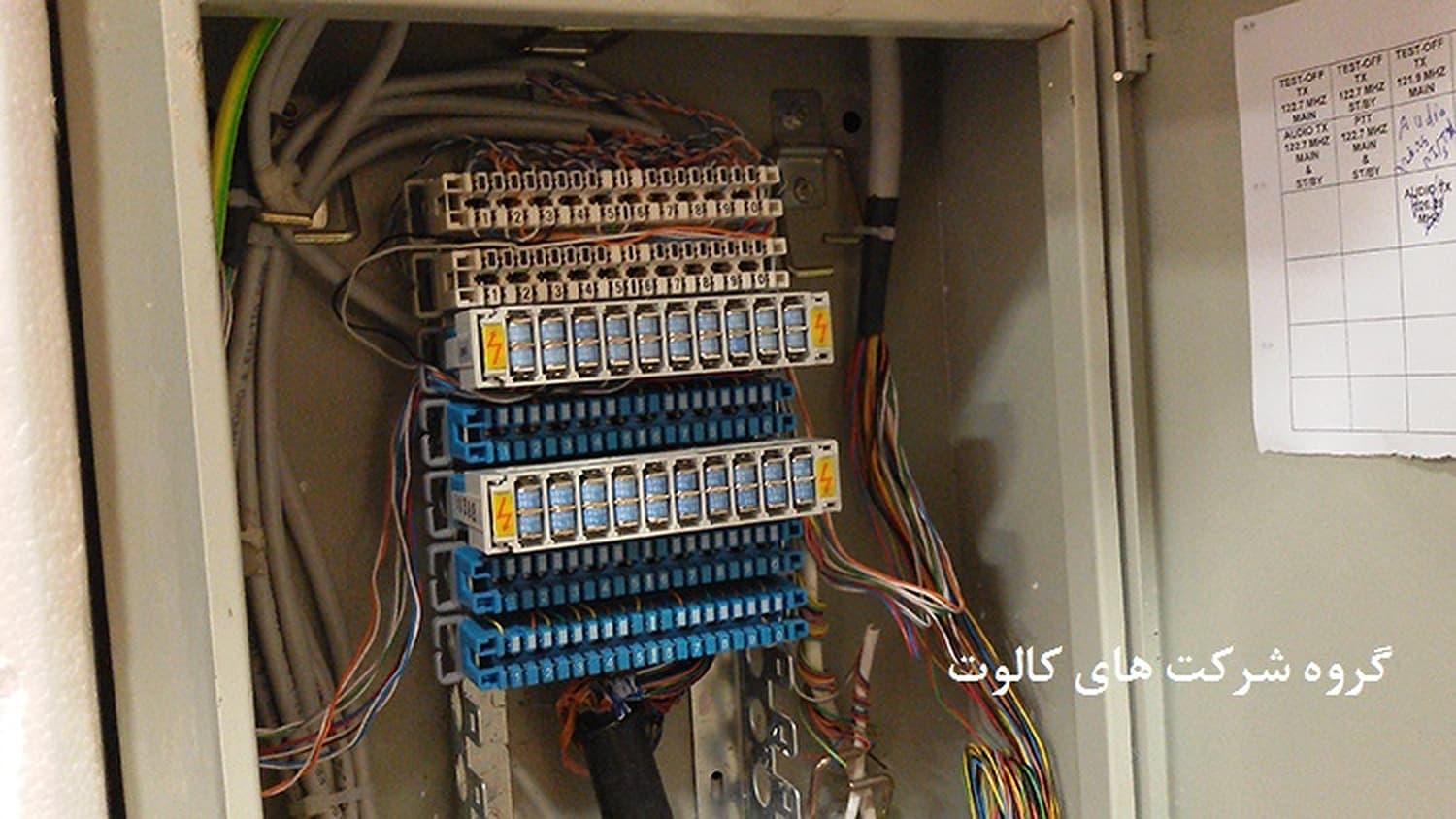 تابلو با ردیف ترمینال‌ها و سیم‌کشی رنگی، با برگهٔ دست‌نویس روی دیوار کنار آن