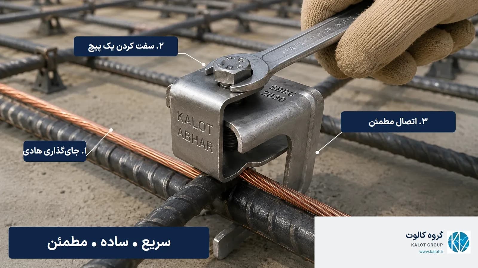 بست ارت و همبندی فونداسیون SBRC 2030 روی میلگرد آجدار در محل تقاطع دو آرماتور، با سیم مسی زیر فک فشاری و آچار روی پیچ M10