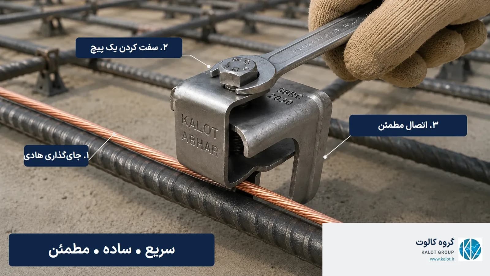 بست ارت و همبندی فونداسیون SBRC 2030 با سیم مسی هم‌راستای میلگرد آجدار؛ سه گام جای‌گذاری هادی، سفت کردن یک پیچ و اتصال مطمئن