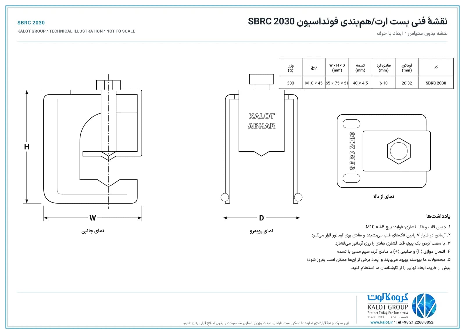 نقشهٔ فنی بست ارت و همبندی فونداسیون SBRC 2030 با نمای جانبی، روبه‌رو و از بالا