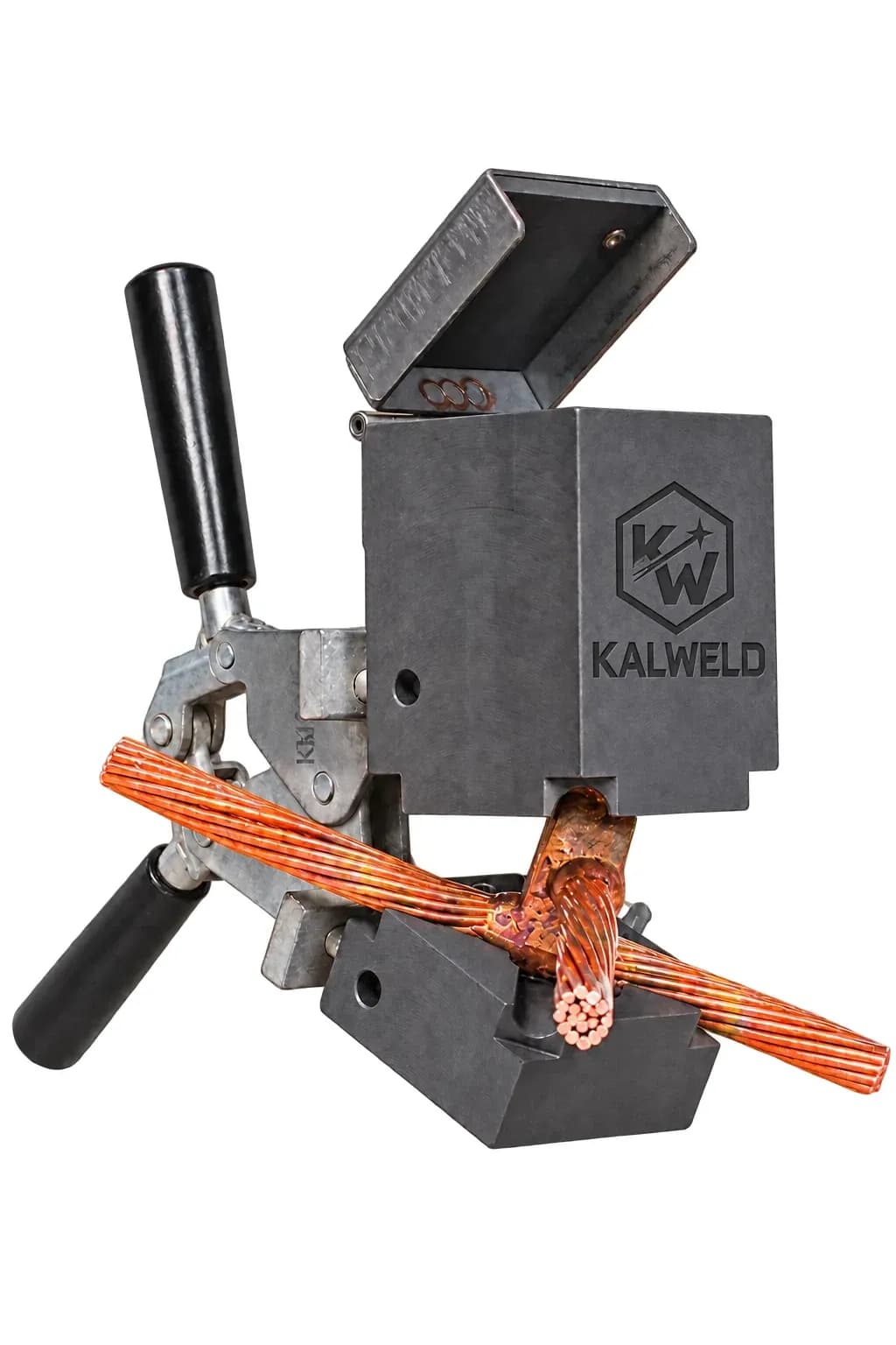 قالب گرافیتی KALWELD با لوگوی حک‌شده، بسته‌شده با دستگیره روی سیم لخت مسی