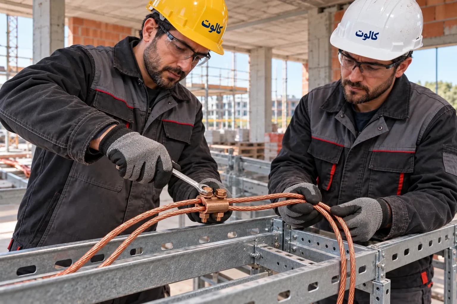 نصب بست موازی دوپیچ کالوت روی دو سیم مسی هادی زمین در مسیر سینی کابل یک ساختمان در حال ساخت؛ سفت کردن پیچ با آچار