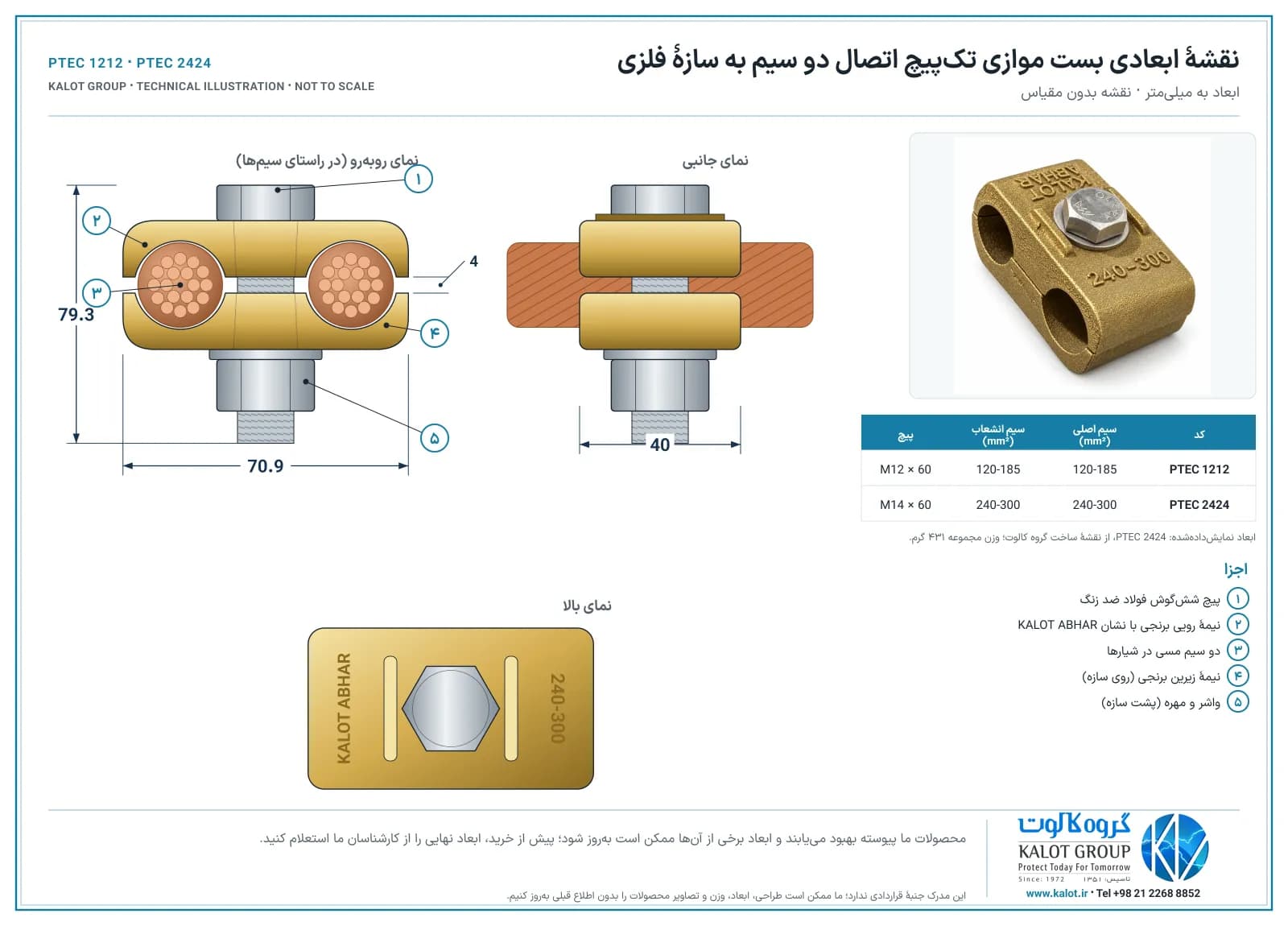 نقشهٔ ابعادی بست موازی تک‌پیچ ⁦PTEC 2424⁩ با نمای روبه‌رو، نمای جانبی، نمای بالا و جدول کدها