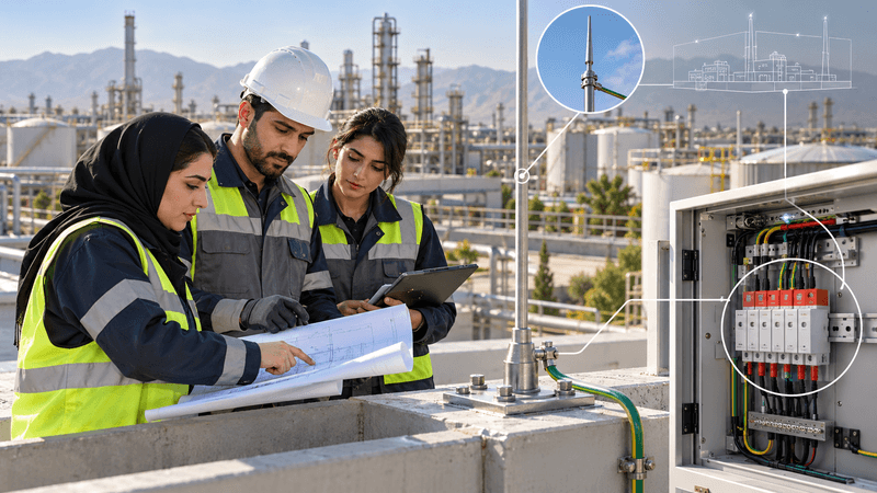 مهندسان ایرانی در حال بازرسی دورهای تجهیزات حفاظت صاعقه و سیستم ارت