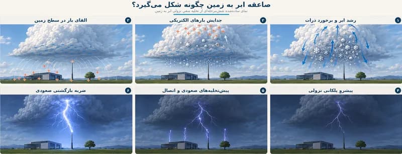 اینفوگرافیک فارسی ششمرحلهای تشکیل صاعقه ابر به زمین، از رشد ابر و جدایش بارهای الکتریکی تا پیشرو پلکانی، اتصال و ضربه بازگشتی