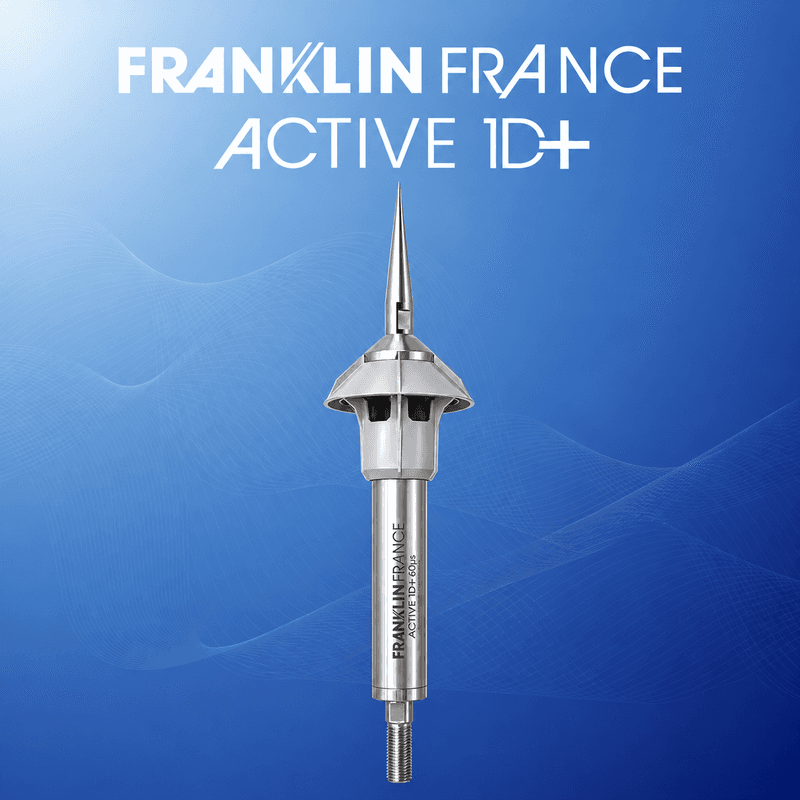 صاعقهگیر اکتیو ESE مدل Active 1D+ ساخت شرکت Franklin France روی پسزمینه آبی