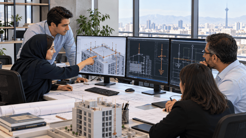 تیم مهندسی در اتاق طراحی سیستم حفاظت در برابر صاعقه، در حال کار با نقشههای CAD روی نمایشگرهای بزرگ